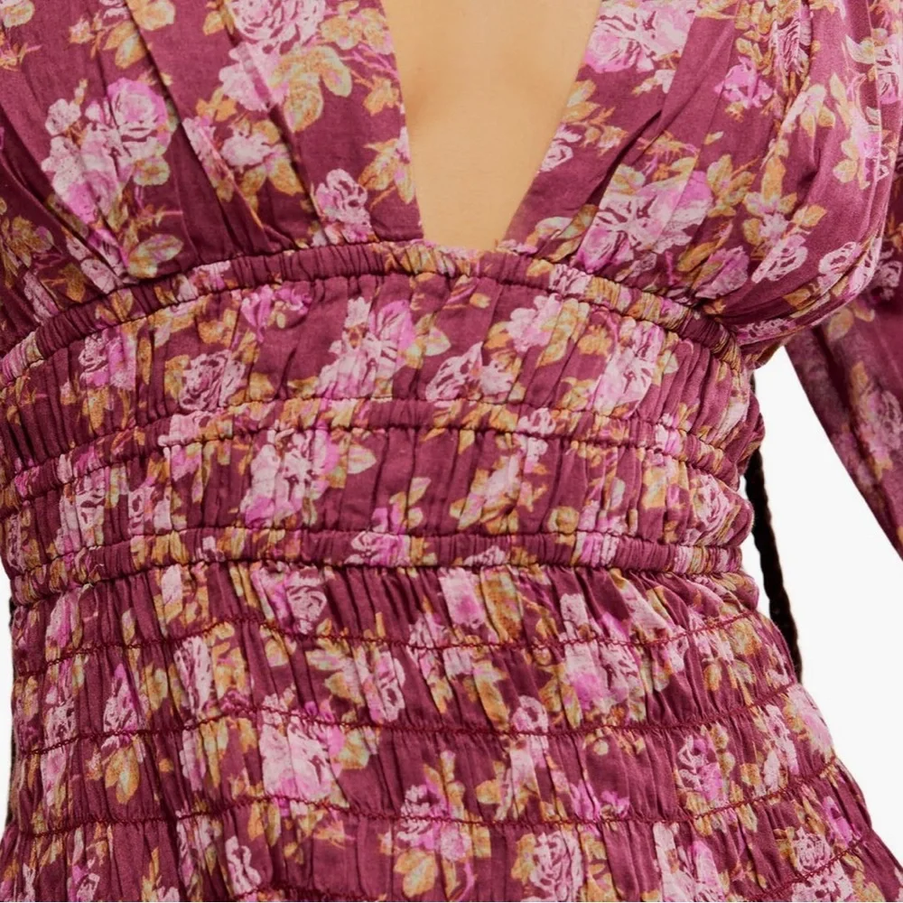Free People Maive Long Sleeve Mauve ORANGE Floral Mini Dress Ruching NEW